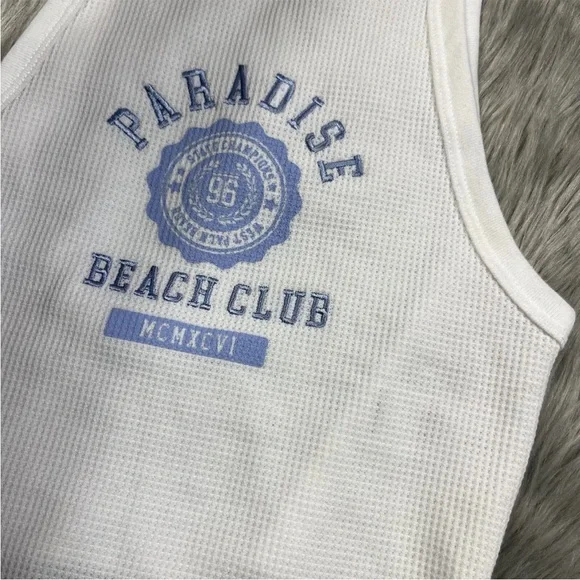 Garage White Blue High Neck Waffle Tank Top XS - Picture 2 of 5